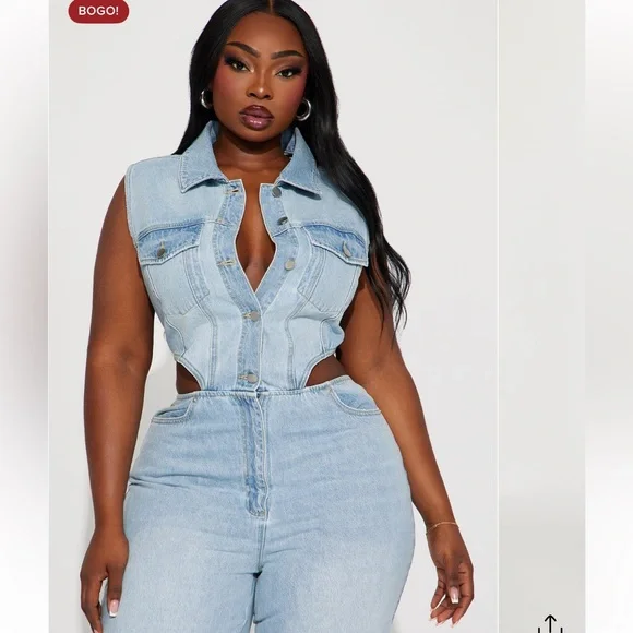 Fashion Nova Baylin Cutout Denim Jumpsuit – Size L – NWT - Picture 10 of 13